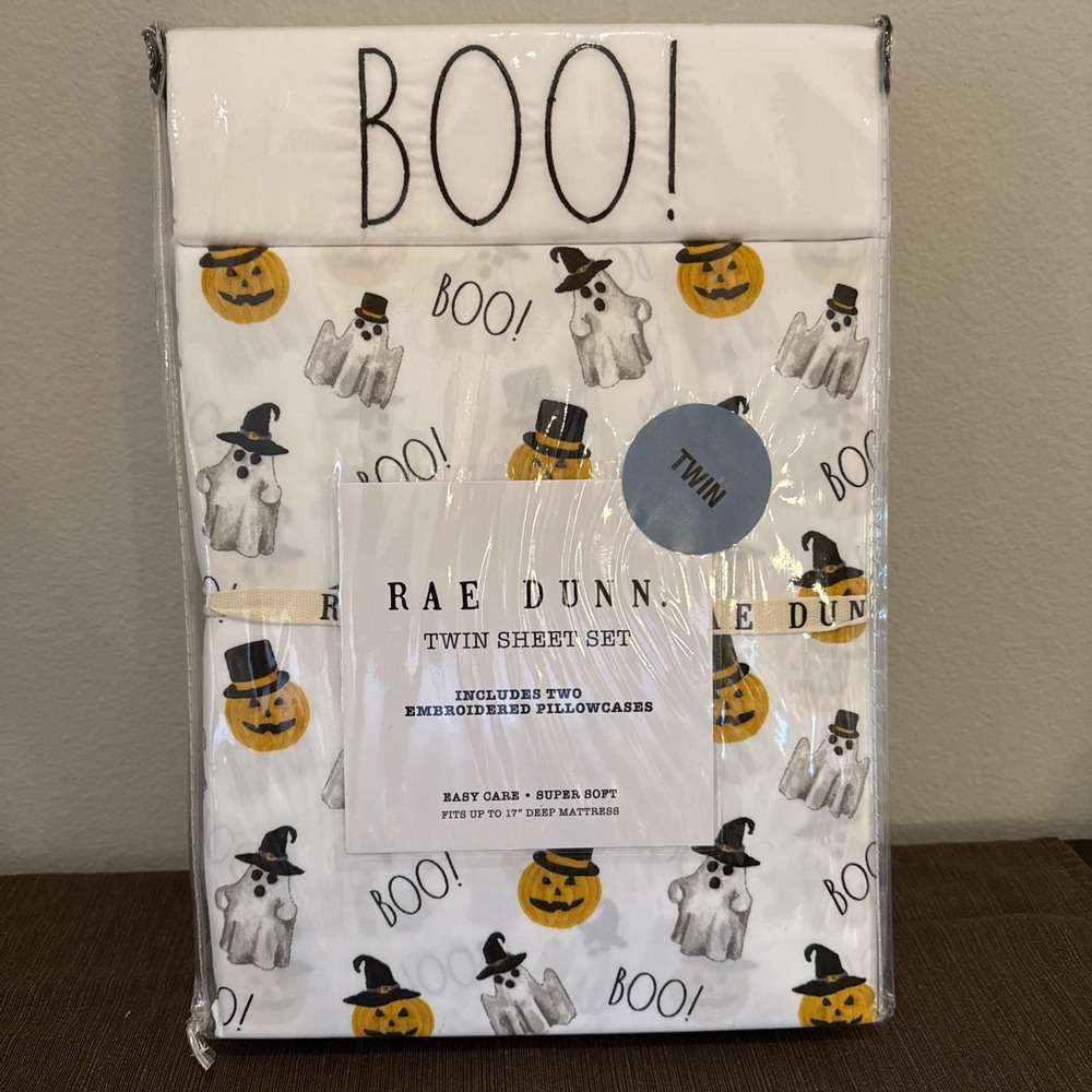 Rae Dunn Halloween Twin Size Sheet Set BOO Pumpkins Jack O'lanterns‎ Black White